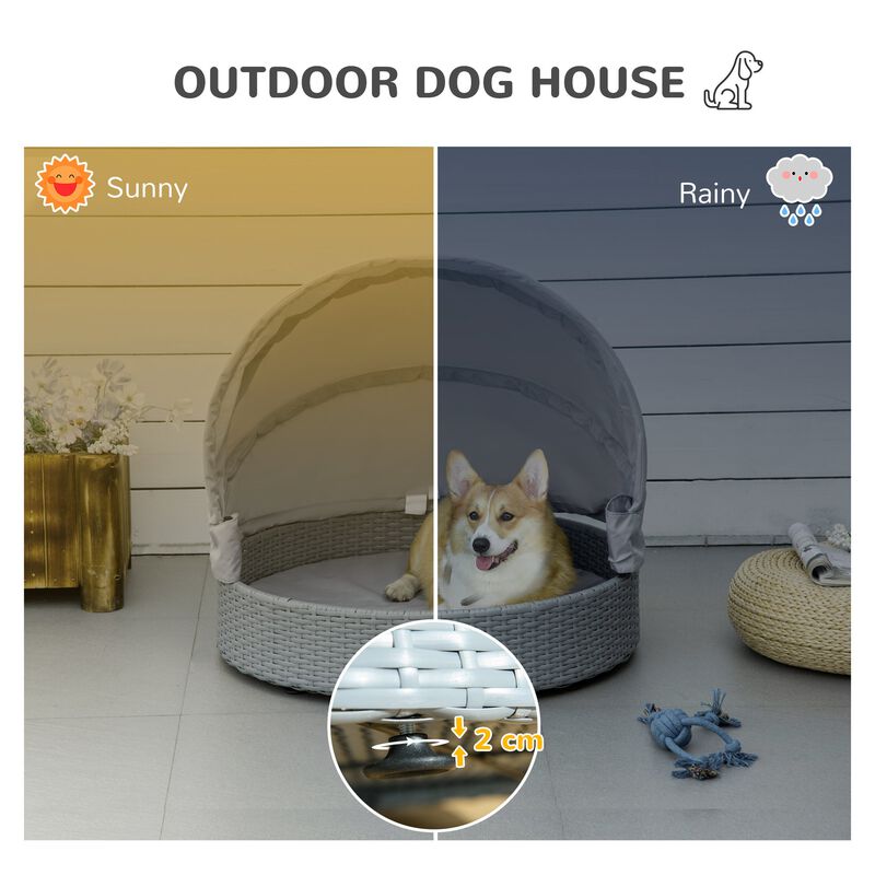 Grey Pet Retreat: Wicker Dog Cave Bed with Canopy for Indoor/Outdoor
