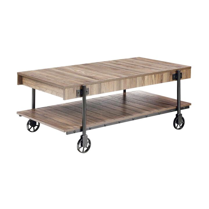 Loak 47 Inch Coffee Table, Brown Plank Top, Bottom Shelf, Wheels, Black - Benzara