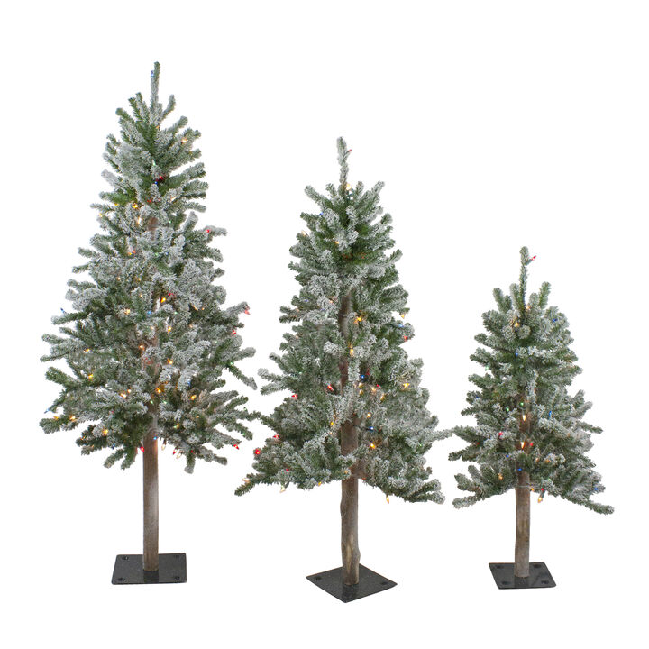 Set of 3 Pre-Lit Flocked Alpine Artificial Christmas Trees 5' - Multi Lights