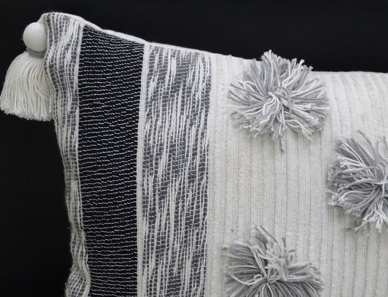 14"x24" Melange Striped Throw Pillow for Livingroom with Large Poms and Tassels