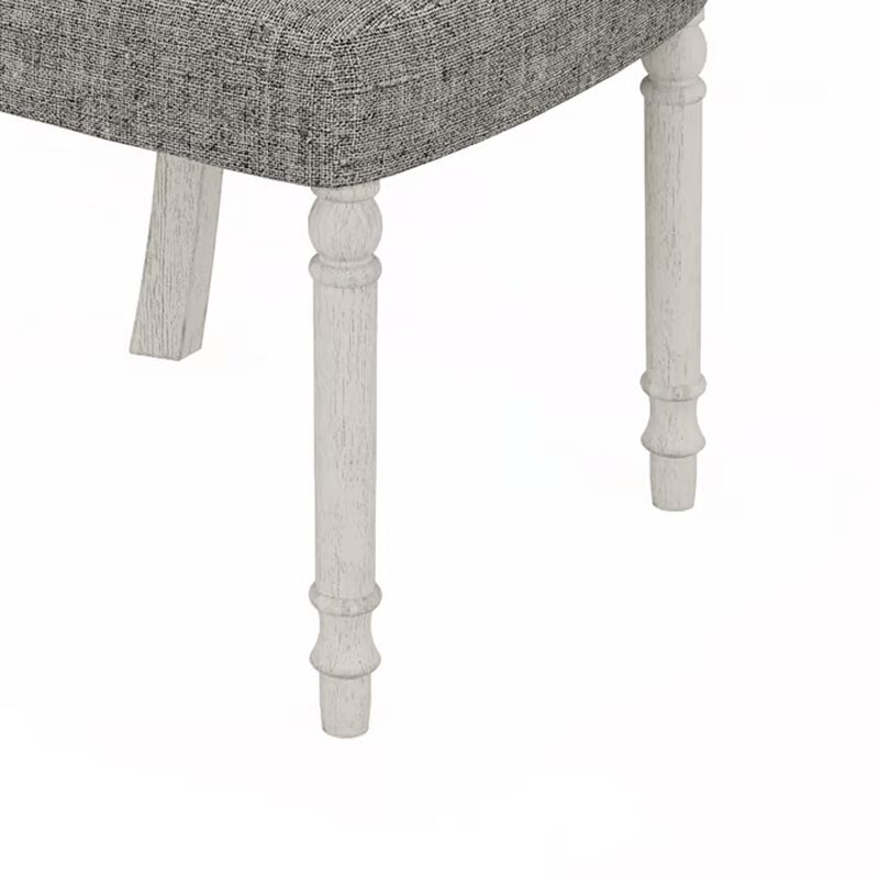 Sane 19 Inch Dining Side Chair Set of 2, Fiddleback, White Wood, Gray Linen - Benzara