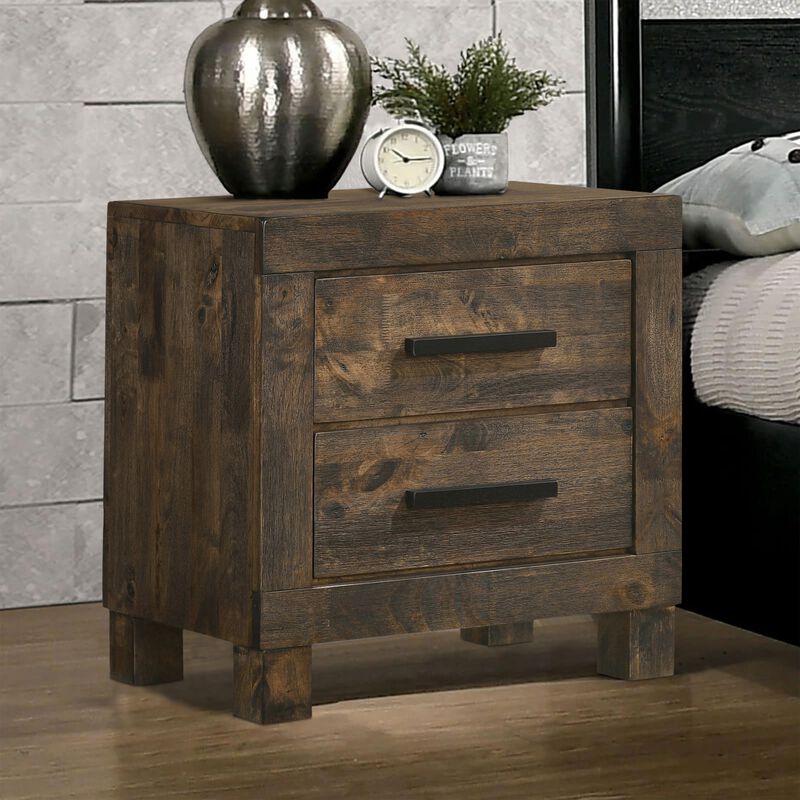 Wooden Nightstand with 2 Drawers and Grain Details, Brown-Benzara