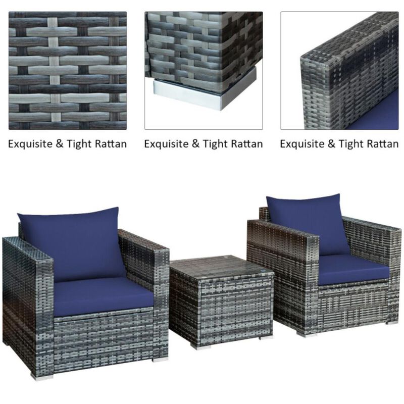 Hivvago 3 Pieces Patio Rattan Furniture Bistro Sofa Set with Cushioned