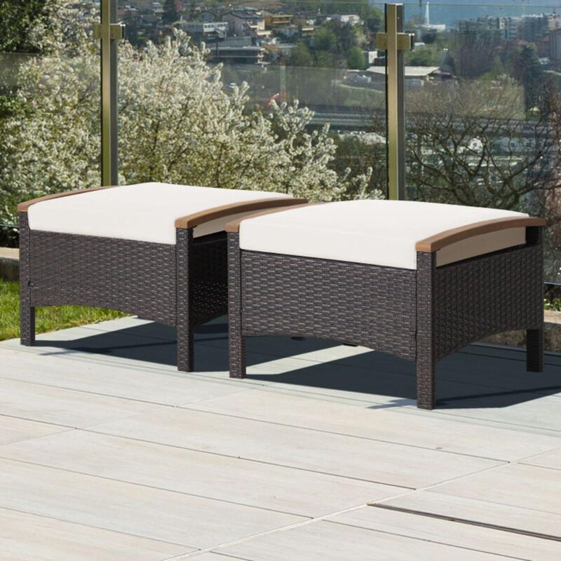 Hivvago Set of 2 Wicker Patio Ottoman Fade-Resistant Foot Rest with Cushion