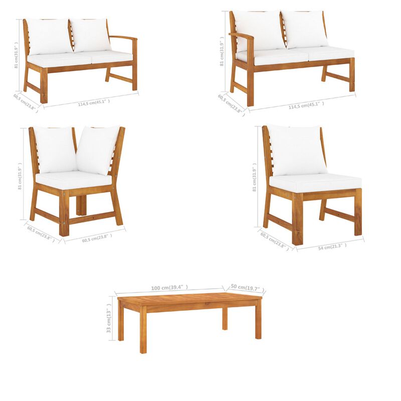 Roma 6pc Outdoor Modular Sofa and Table Set, White Fabric, Brown Wood - Benzara