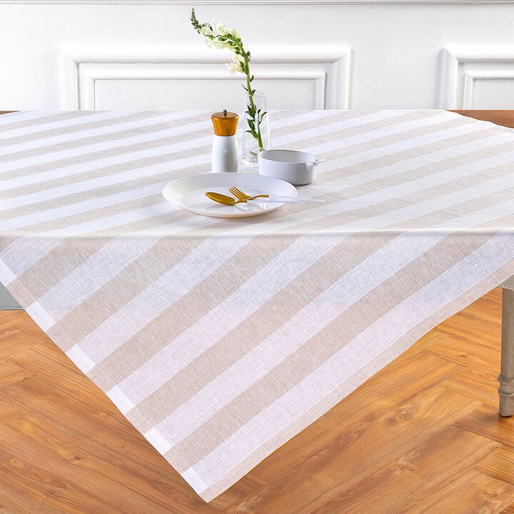 Solino Home 100% Pure Linen Table Throw 52 x 52 Inch | Cabana Stripe for Thanksgiving, Christmas