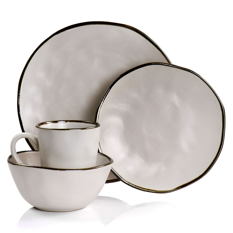 Elama Modern 16 Piece Stoneware Dinnerware Set in Matte White with Gold Rim