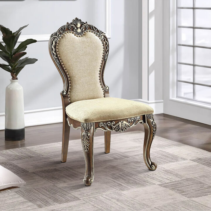 24 Inch Side Dining Chair, Set of 2, Vintage Oak Brown, Beige Chenille - Benzara