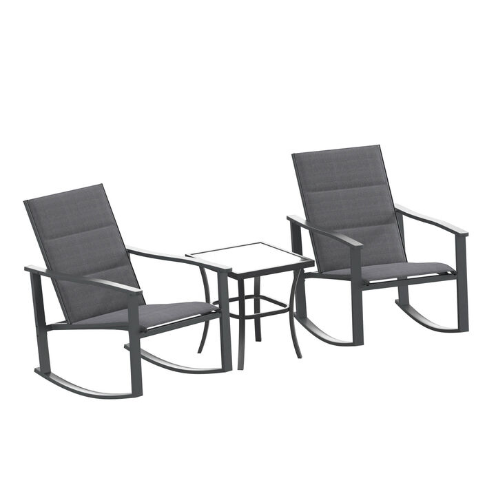 Flash Furniture Brazos 3 Piece Outdoor Rocking Chair Bistro Set with Flex Comfort Material and Steel Framed Glass Top Table