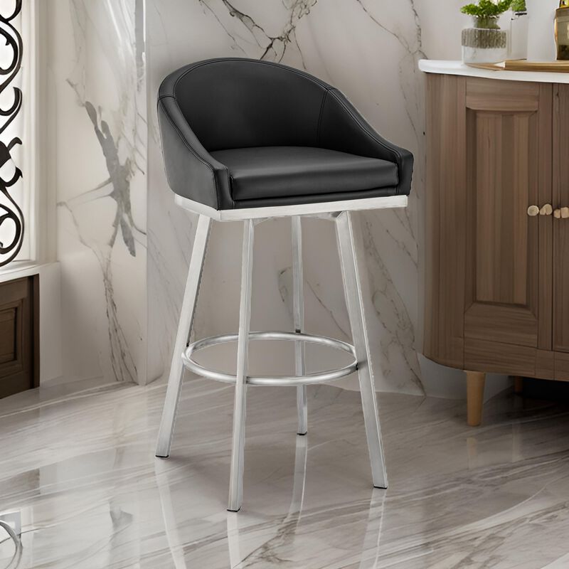 Dalza 30 Inch Swivel Barstool Chair, Open Back, Soft Black Faux Leather - Benzara