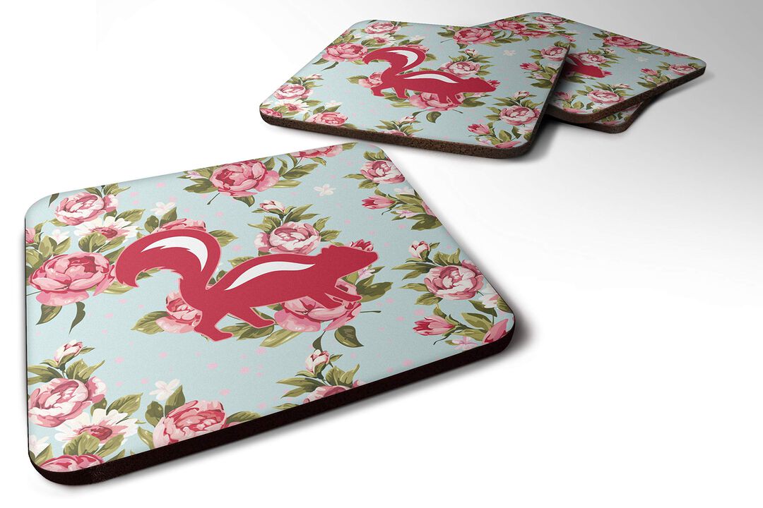 Caroline's Treasures BB1125-RS-BU-FC Skunk Shabby Chic Blue Roses Foam Coasters (Set of 4), 3.5 H x 3.5 W, Multicolor