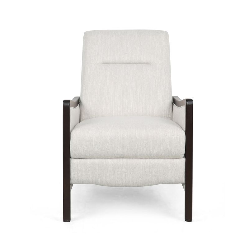 Reina Recliner Chair with Push-Back, Brown Birch Wood, Beige Fabric - Benzara
