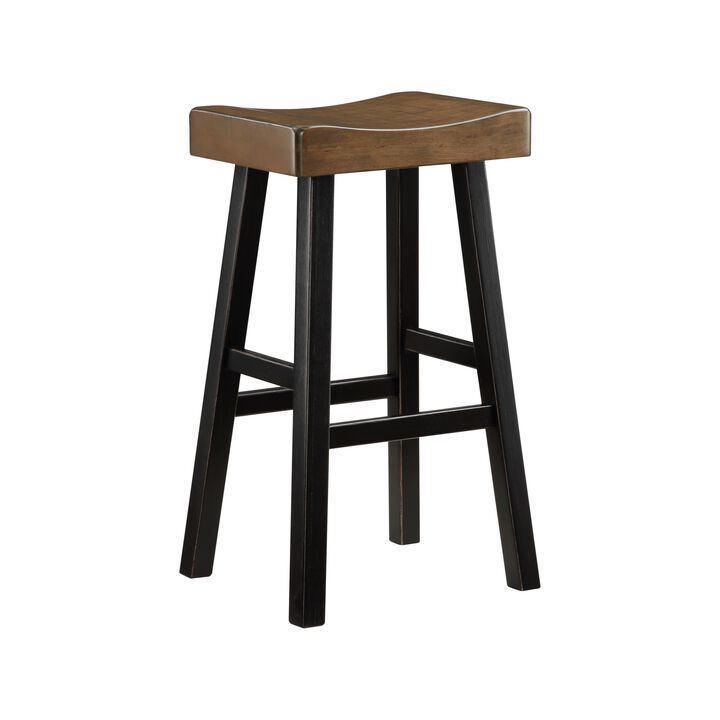Casy 30 Inch Bar Height Stool, Brown Saddle Seat, Black Rubberwood, Set of 2 - Benzara
