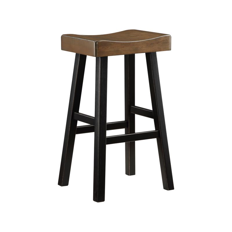 Casy 30 Inch Bar Height Stool, Brown Saddle Seat, Black Rubberwood, Set of 2 - Benzara