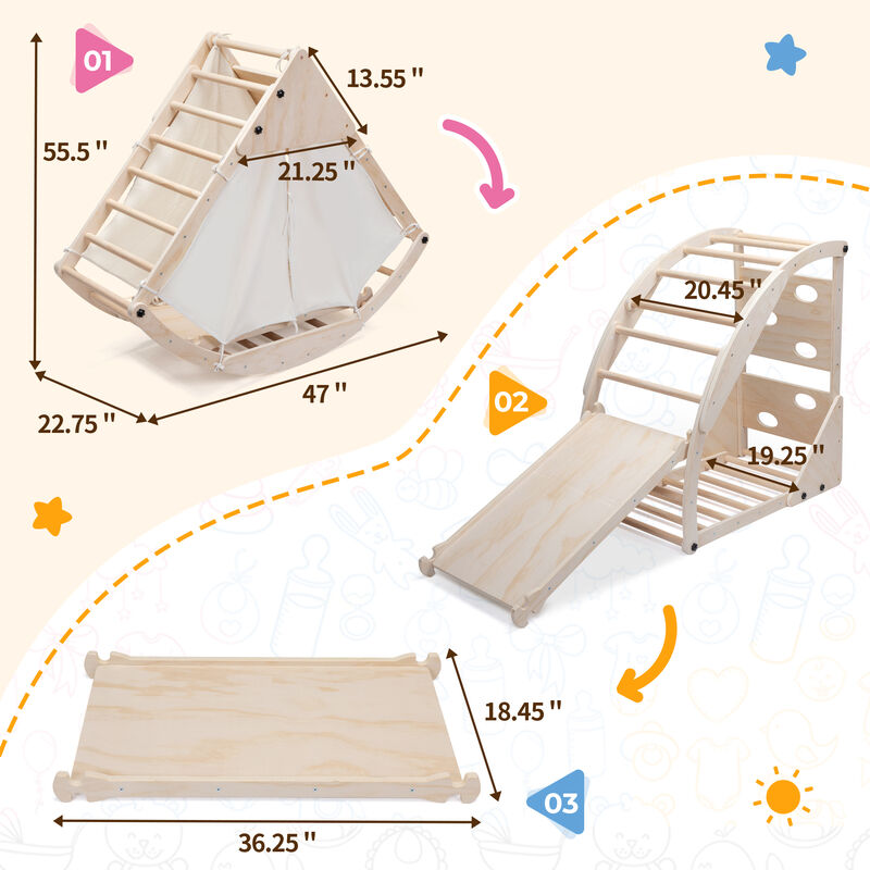 Pikler Triangle Set, Foldable Wooden Climbing Triangle Ladder with Ramp for Toddlers, Natural Wood