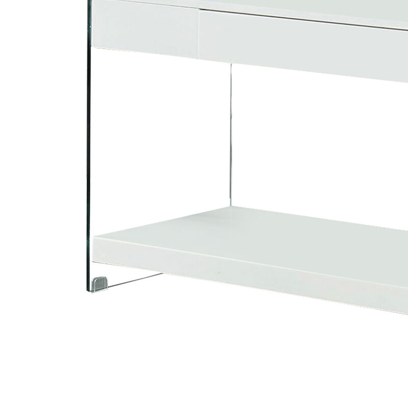 Contemporary Style Plastic TV Stand with Glass Side Panels, White-Benzara