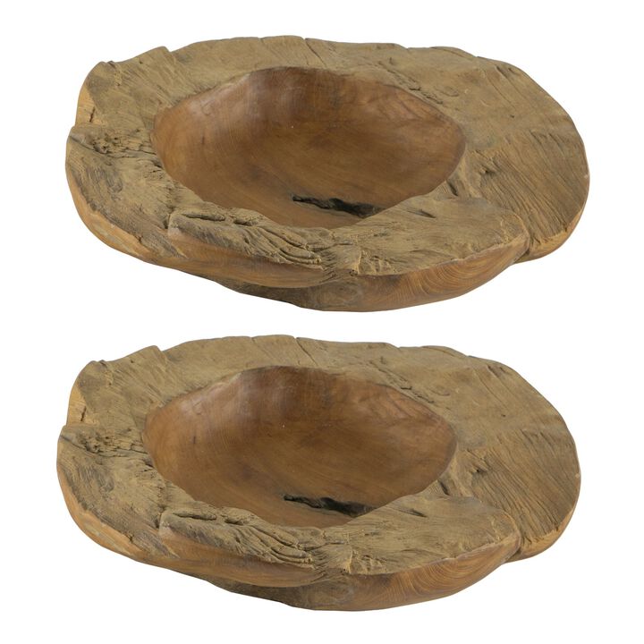 Set of 2 Decoratie Teak Wood Table Bowls, Brown, Natural Edge, Brown Finish - Benzara
