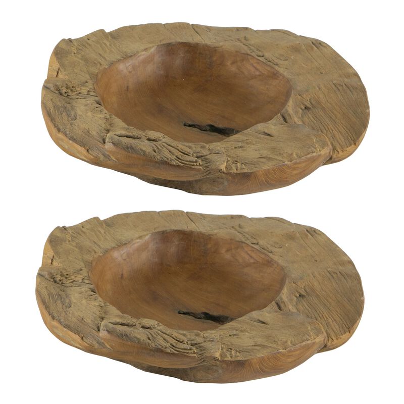 Set of 2 Decoratie Teak Wood Table Bowls, Brown, Natural Edge, Brown Finish - Benzara