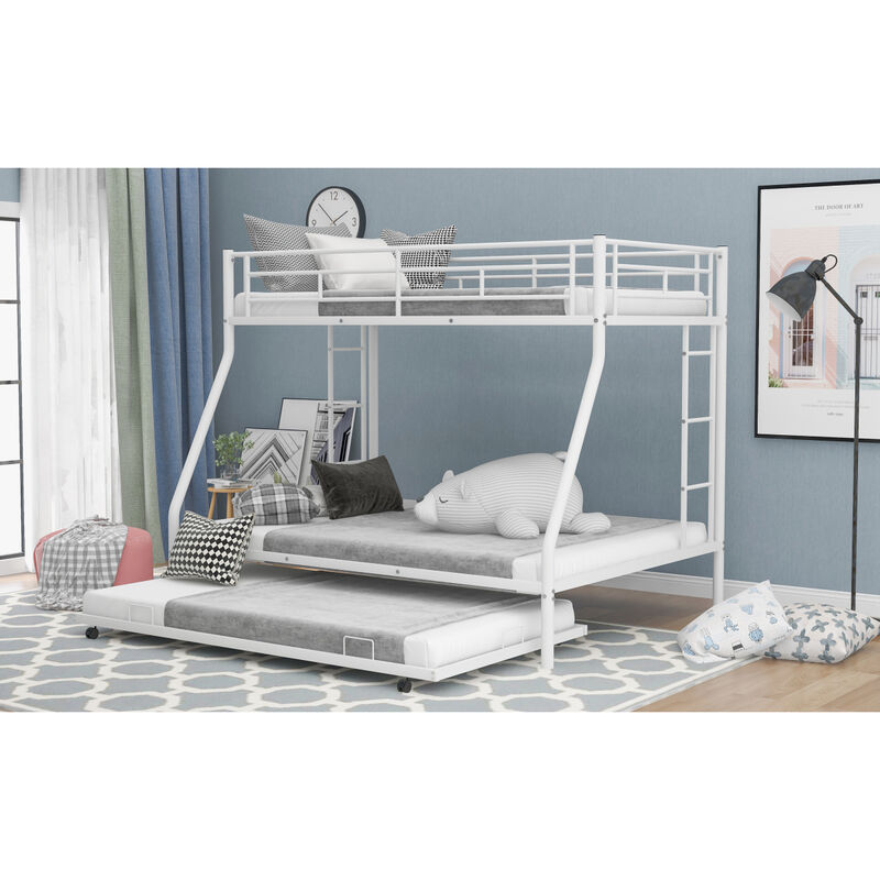 Twin Over Full Bed With Sturdy Steel Frame, Bunk Bed With Twin Size Trundle, Two-Side Ladders