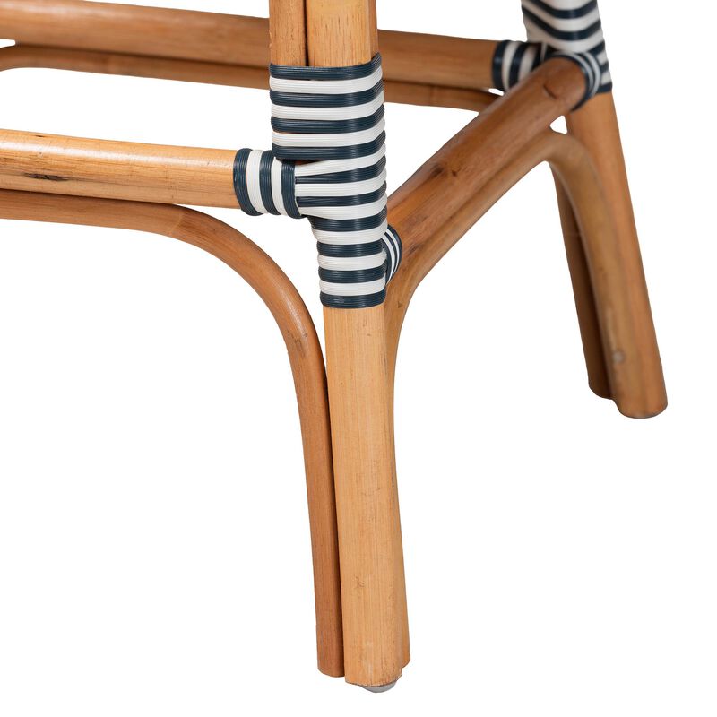bali & pari Genica Classic French Two Tone Navy and White Weaving and Natural Rattan 2 Piece Counter Stool Set