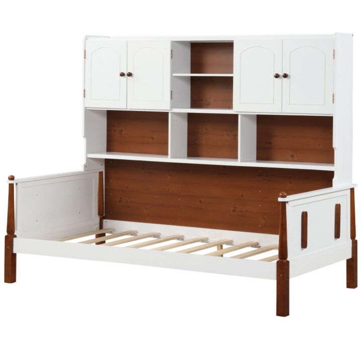 Hivvago Twin Bed with Bookcase with Shelves and  Wooden Slat Support No Box Spring Needed for Living Room Bedroom