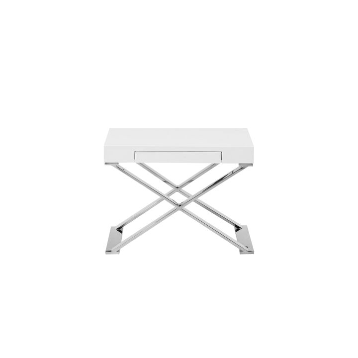 Rix 21 Inch Side End Table, 1 Drawer, X Shape Steel Legs, White Wood Top - Benzara