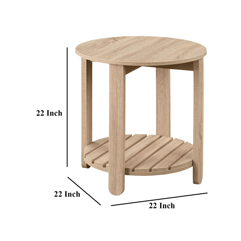 Fowl Round Side End Table, Slatted Lower Shelf, 22 Inch Natural Brown - Benzara