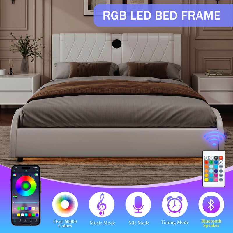 Merax Luxurious Faux Leather Platform Bed with Bluetooth Speakers
