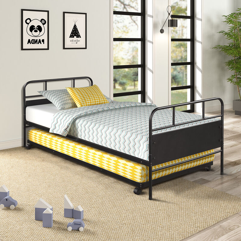 Merax Metal Daybed Platform Bed Frame with Trundle Built-in Casters