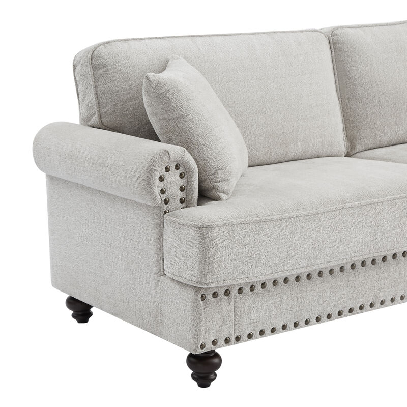 61" Chenille Modern Upholstered Sofas Love Seater With Nails And Armrests (White)