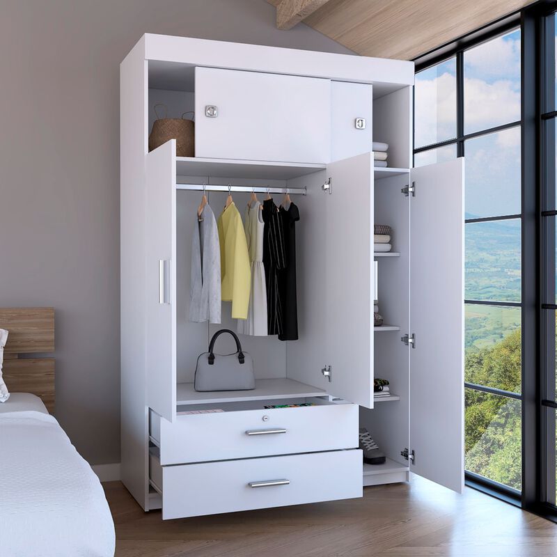 DEPOT E-SHOP Indiana Armoire, Three Door Cabinet, Two Drawers, Metal Hardware, Rod, White