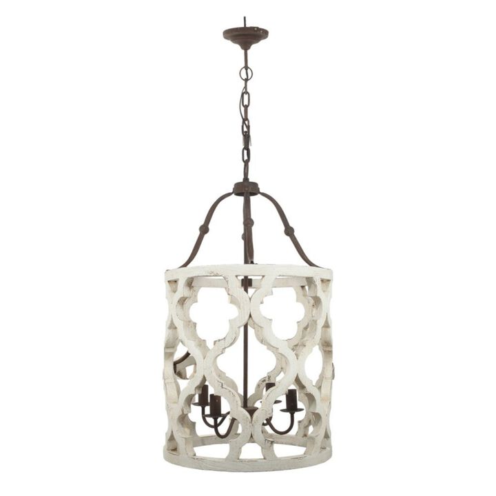 33.5" White and Brown Vintage Style Distressed Finish Four-Light Chandelier