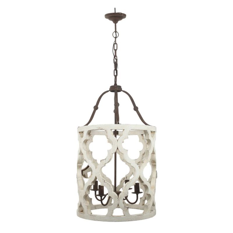 33.5" White and Brown Vintage Style Distressed Finish Four-Light Chandelier