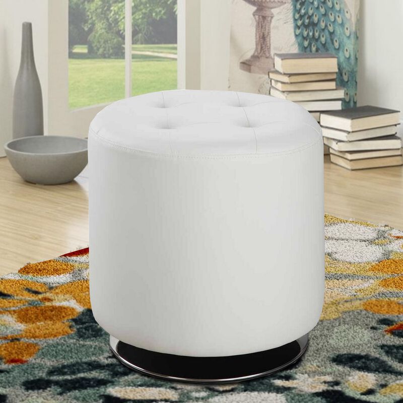 18 Inch Round Swivel Ottoman, Vegan Faux Leather, Tufted Seat, White, Chrome-Benzara
