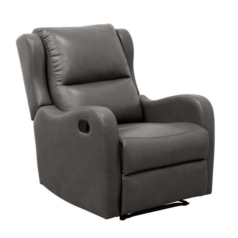 Kim 38 Inch Manual Recliner Chair, Cushioned Gray Faux Leather, Solid Wood - Benzara