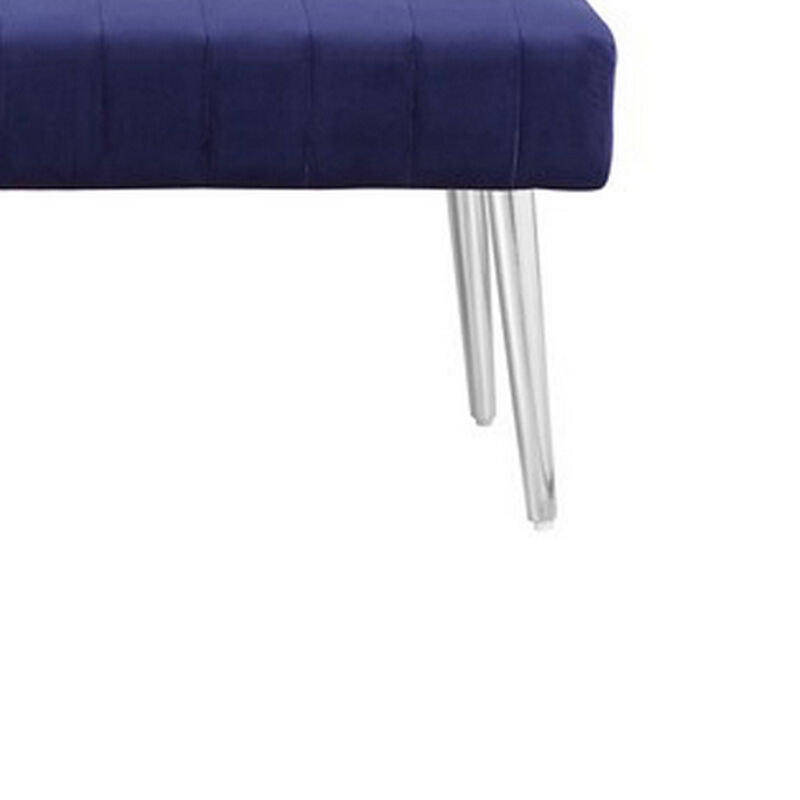 Lida 45 Inch Bench, Modern Tufted Lines, Blue Soft Velvet, Chrome Metal - Benzara