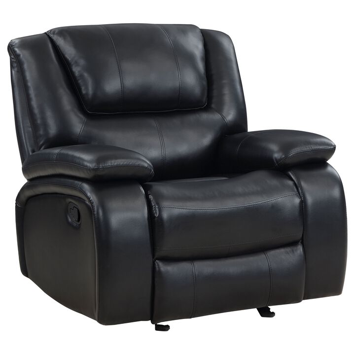Mila Manual Glider Recliner Chair, Black Faux Leather, Pillow Top Arms - Benzara
