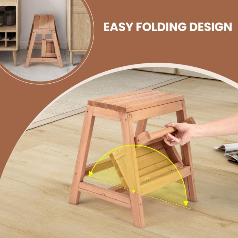 Hivvago Multipurpose Wood Folding 2-Step Stool for Indoor Outdoor Plant Stand-Natural