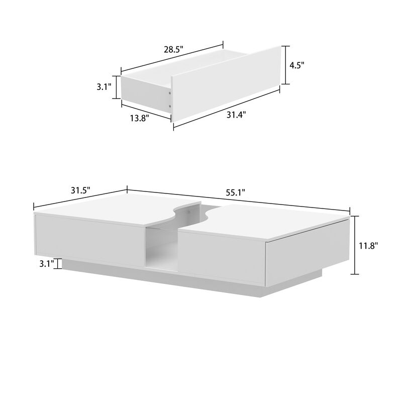 55.1 in. W White Rectangle Wooden End Table, Side Table, Coffee Table with 2-Drawers and Visable Decored Light