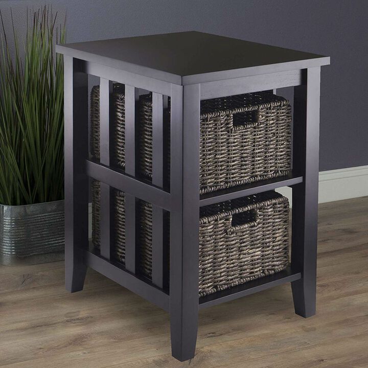 Hivvago Espresso 3 Tier Bookcase Shelf Accent Table with 2 Small Storage Baskets