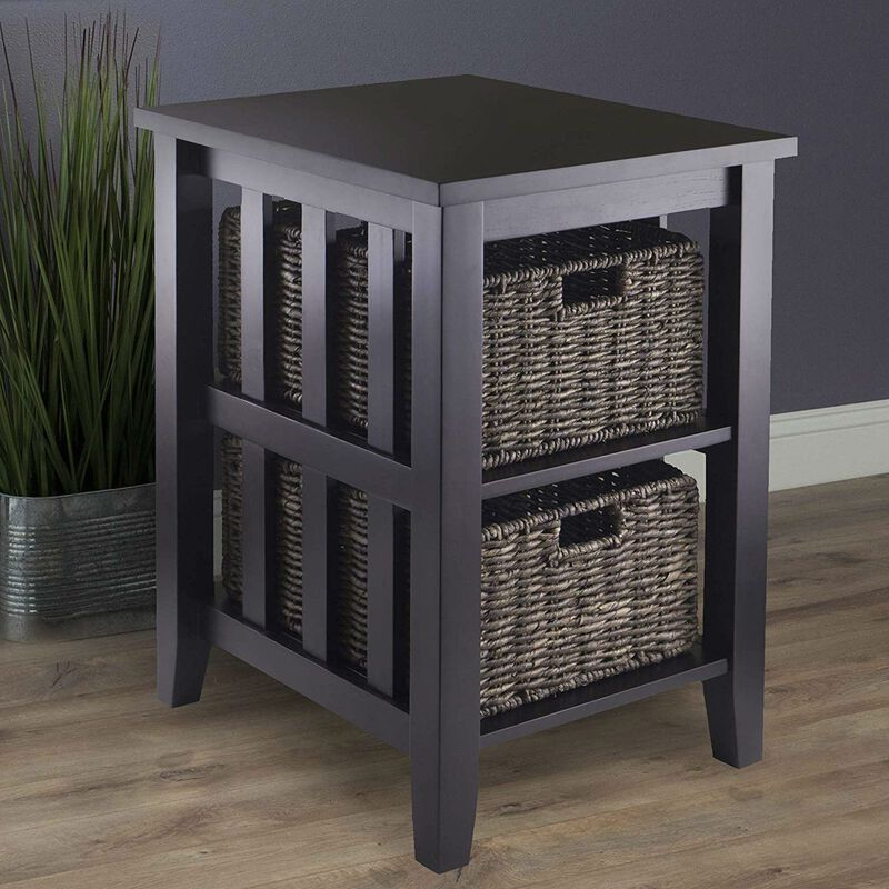 Hivvago Espresso 3 Tier Bookcase Shelf Accent Table with 2 Small Storage Baskets