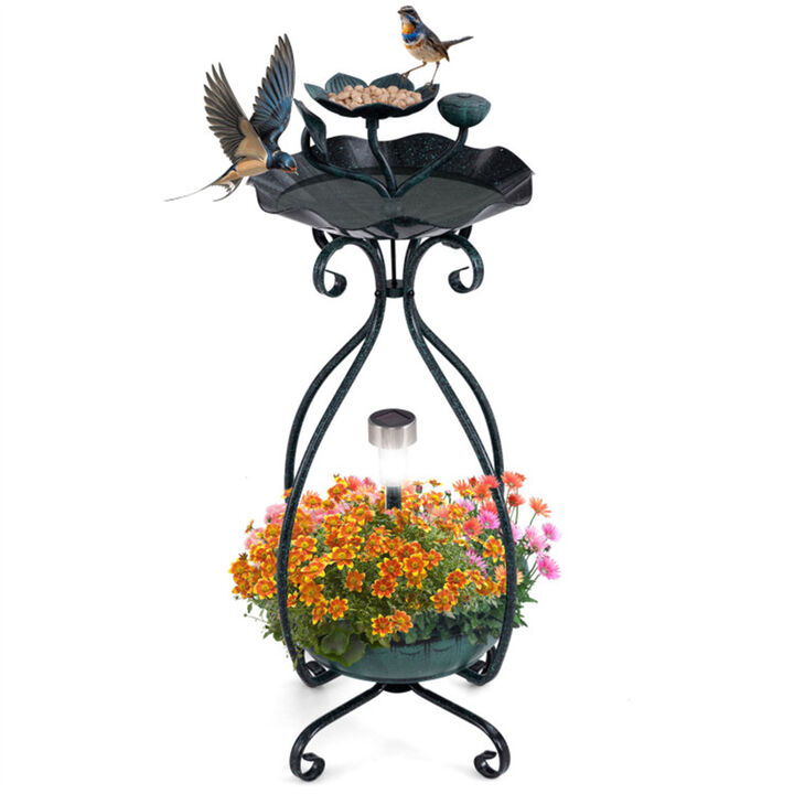 Outdoor Solar Bird Bath & Feeder with Flower Planter and LED Lights