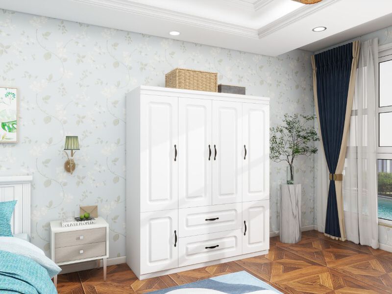 Wooden Armoire Wardrobe Closet White Large Capacity Storage 74" Tall Clothes Cabinet with 4 Doors, 2 Drawers, 2 Hanging Rods and Shelves for Bedroom Armoire