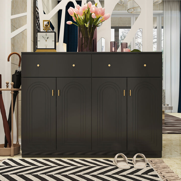 FUFU&GAGA Modern Black Shoe Storage with 2 Drawers & 4 Cabinet Doors, T-Shaped Door Design, Gold Handles, Adjustable Shelves (47.2" W x 35.4" H x 15.8" D), Black