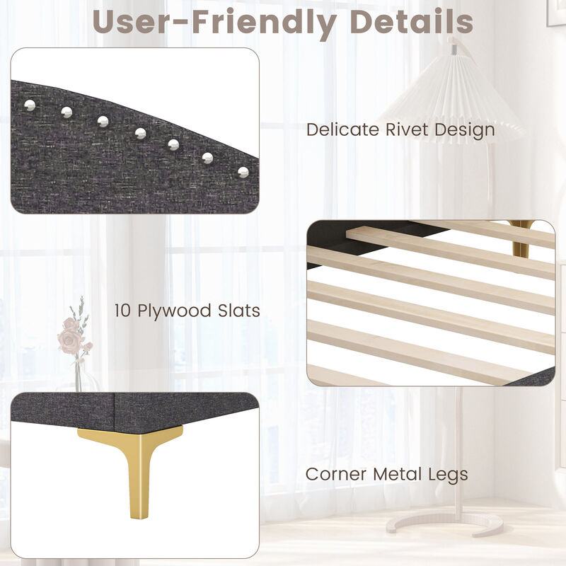Rivet-Tufted Platform Bed with Metal Legs and Wood Slats for Modern Design and Sturdy Support