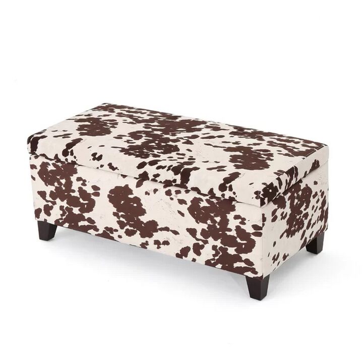Devi 38 Inch Ottoman w Storage, Brown White Holstein Cow Print Velvet - Benzara