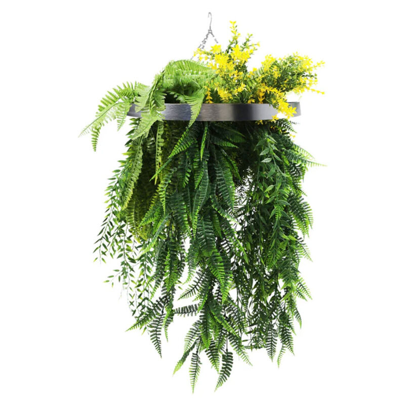 Silver Framed Roof Hanging Disc With Bright Tropical Foliage Mix and Draping Ferns 15.75" UV Resistant