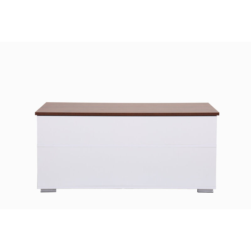 Luna White Coffee Table With Brown Walnut Finish Lift Top, 2 Drawers, And 2 Shelves