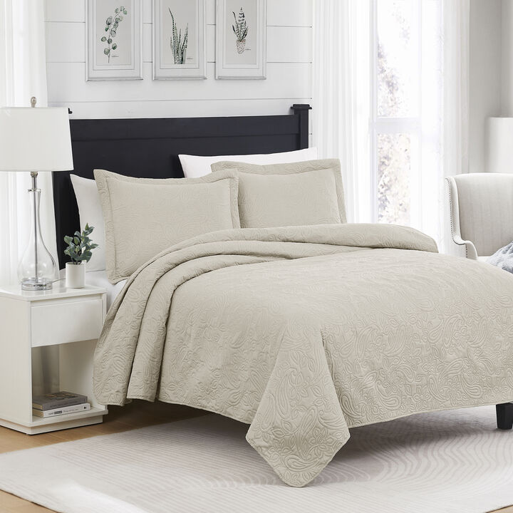 RT Designers Collection Milla 3pc Pinsonic Premium Quality All Season Quilt Set for Revitalize Bedroom Queen Beige