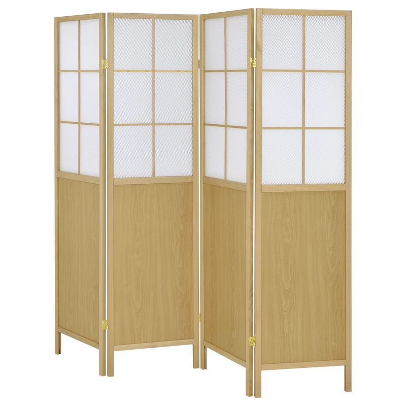 4 Panel Screen Room Divider, Foldable Design, Natural Brown 70 Inch - Benzara